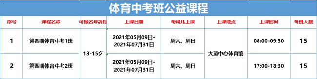 2021深圳龙岗青少年体育中考班公益培训课程表