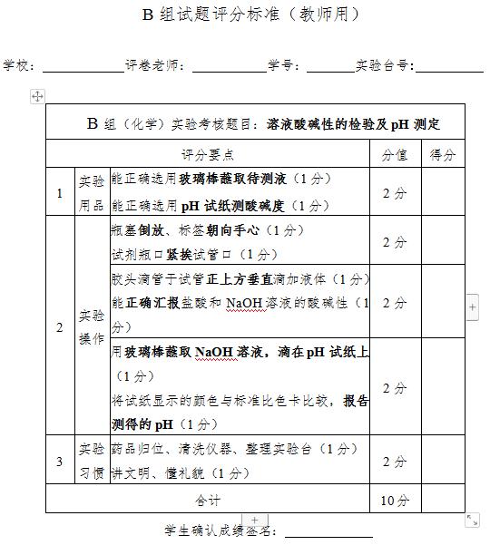 2021深圳初中生化物实验操作考试化学试题及评分标准
