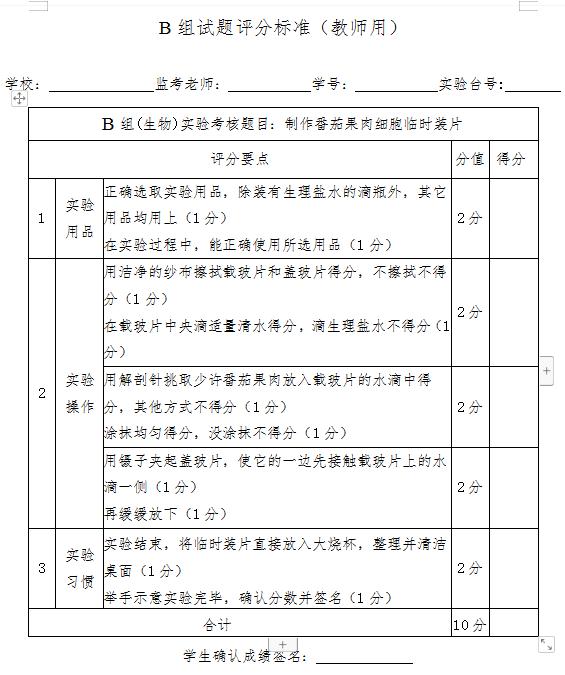 2021深圳初中生化物实验操作考试生物试题及评分标准